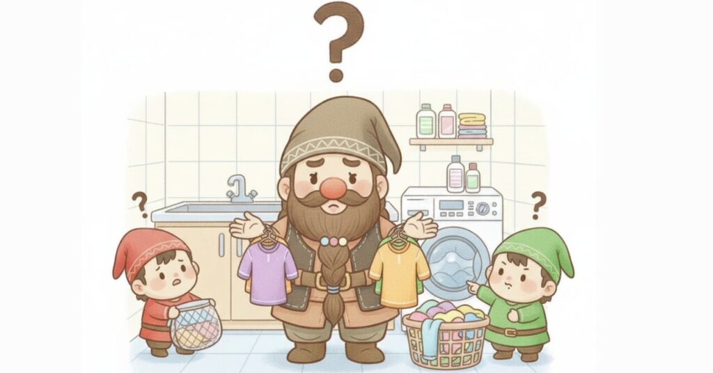 リカバリーウェアを何枚持つべきか、洗濯はどうすれば良いか悩むドワーフと小人たちが、洗濯ネットや衣類を手に「？」を浮かべて困っている様子を描いたイラスト。枚数と洗濯のよくある疑問を表現。