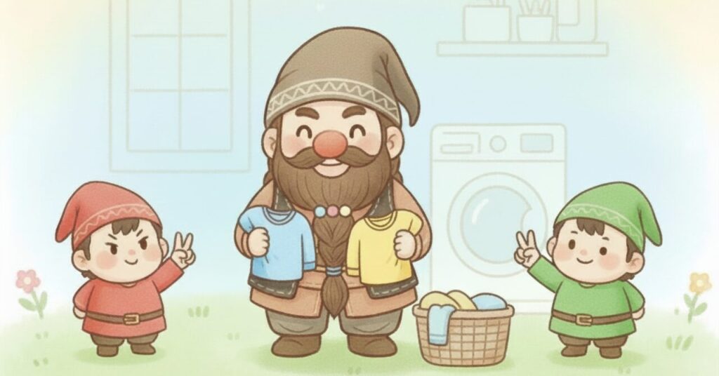 ドワーフがリカバリーウェア2枚を手に笑顔で立ち、赤と緑の小人が指で「2」を示しているイラスト。毎日着る人に向けた最適枚数の目安を表現した画像。