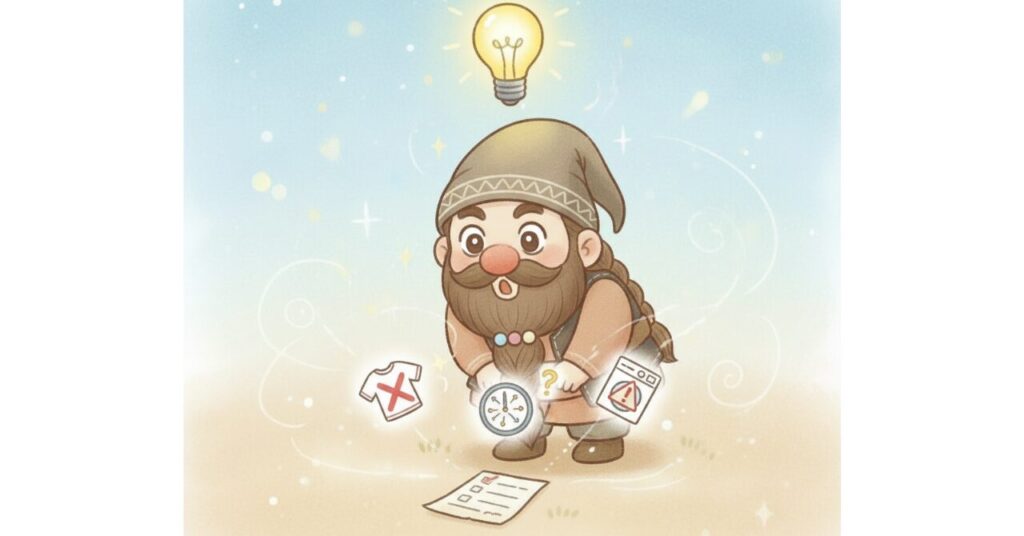 ドワーフが光る電球にひらめきながら、サイズ違いの服・ズレた時計・洗濯の注意マークなどのアイコンを見つめ、リカバリーウェアの効果を感じにくいときの見直しポイントに気づく様子を表したイラスト。