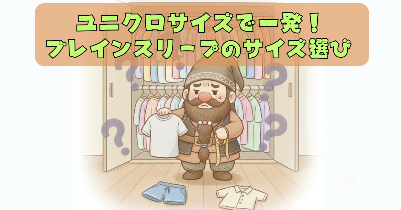 クローゼット前でドワーフがTシャツとメジャーを持ち、ユニクロサイズからブレインスリープのサイズを選ぶイメージを表したイラスト