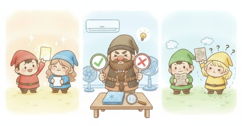 良い口コミに納得する赤と青の小人、悪い口コミに困る緑と黄色の小人を、中央のドワーフが◯×で整理しているイラスト