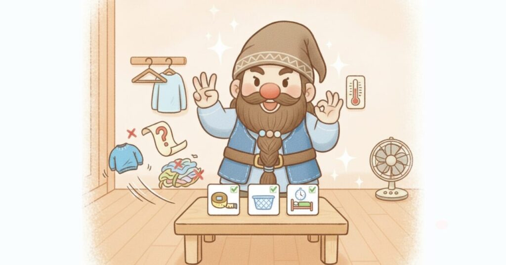ドワーフが指3本を立て、サイズ・洗濯・使い方の3ポイントをチェックする様子。失敗しがちな服や洗濯物が×印で飛んでいる暖色背景の見出し画像。