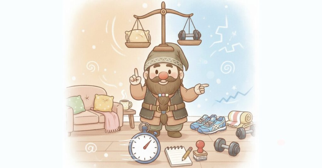 ドワーフが指を1本立てて左右を指し、天秤にクッションとダンベルを乗せてαとβを比較しながら、ストップウォッチで1分チェックを表現するイラスト