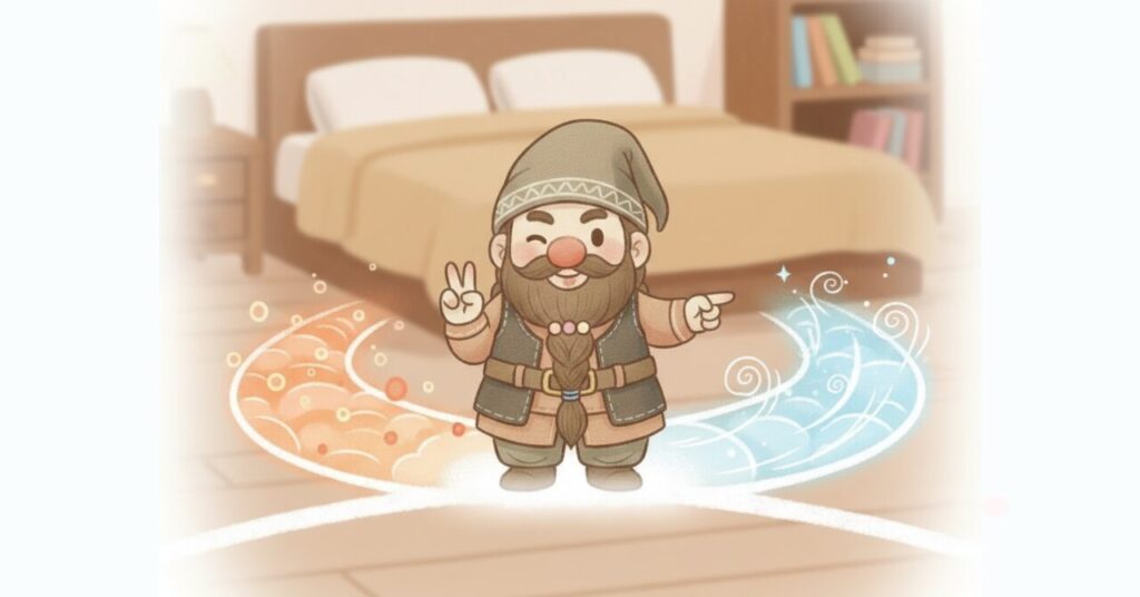 分かれ道の真ん中に立つドワーフが左右を指さし、片側はふんわり包まれる雰囲気、もう片側は風が通るような軽い雰囲気で、体感の違いによる選択を表したイラスト。