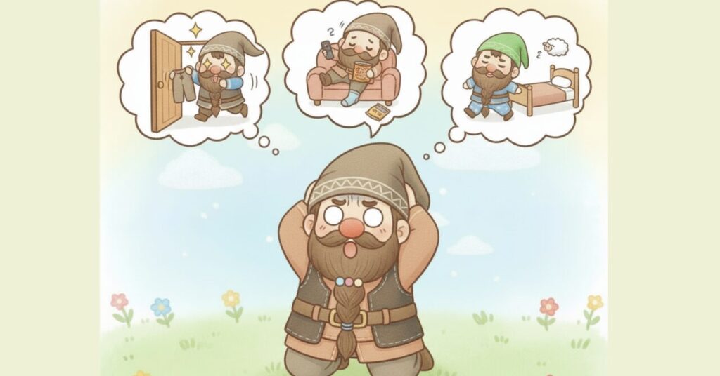 ドワーフが頭を抱えながら、帰宅後・リラックス中・寝る前の3つのリカバリーウェア着用パターンを思い浮かべて悩む様子を描いたコミカルなイラスト