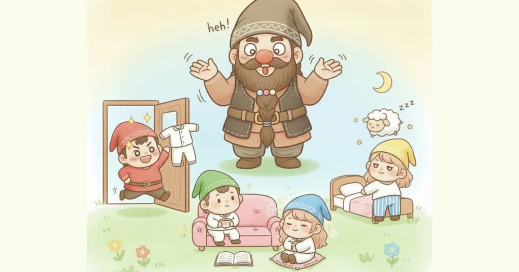 ドワーフの周りで4人の小人が、帰宅直後・リラックスタイム・寝る前の3つのリカバリーウェア着用パターンを実演しているコミカルなイラスト