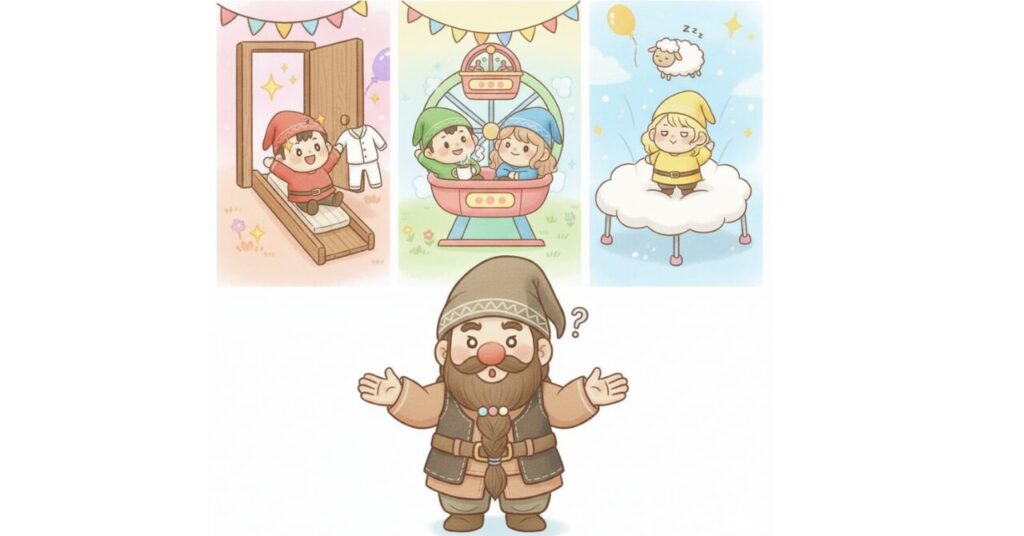 ドワーフが悩む前で、小人たちが帰宅直後・リラックスタイム・寝る前の3つを遊園地アトラクション風に実演しているイラスト