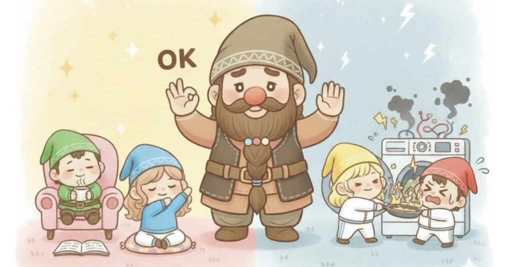 ドワーフが中央で手振りを示し、左にリカバリーウェアでリラックスする小人たちのOKシーン、右に料理や洗濯で困っているNGシーンが描かれたイラスト