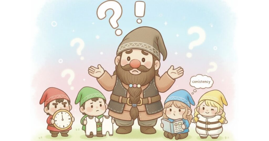 中央で困るドワーフの周りに、小人たちが時計・着替え・本・重ね着などを持って着る時間や枚数、続け方の不安を表現しているイラスト