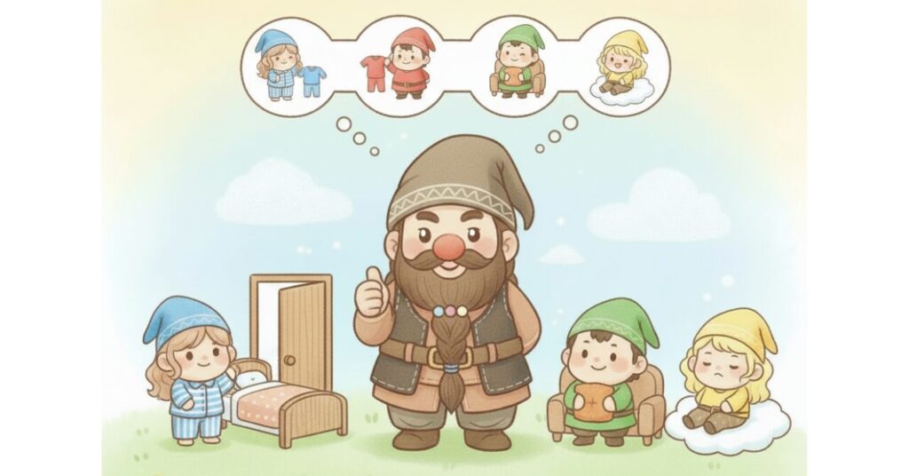 ドワーフが親指を立て、ベッドに向かう青い小人・帰宅後の赤い小人・くつろぐ緑の小人・雲で休む黄色い小人の4つの着用パターンを思い浮かべているイラスト。リカバリーウェアの基本＋応用の使い方を表現。