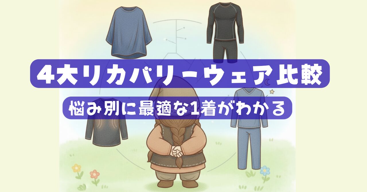 ドワーフが4種類の男性用リカバリーウェアを見比べて、悩みに合う最適な1着を選ぶイメージを描いた比較用イラスト