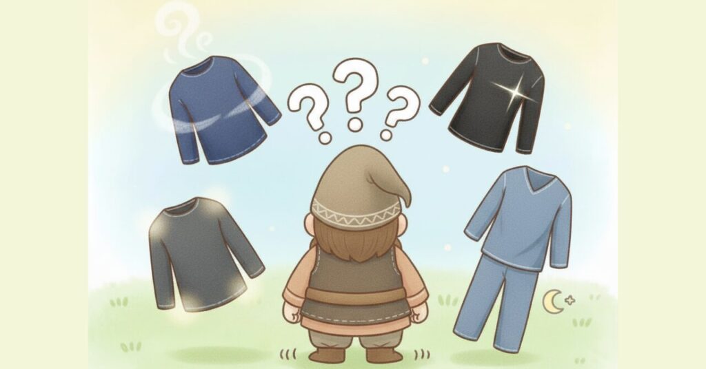 4種類の男性用リカバリーウェアが宙に浮かび、後ろ姿のドワーフがどれを選ぶか迷っている様子を描いた比較イラスト