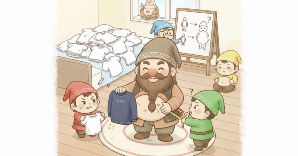 ドワーフがお腹を出しながらVENEXのトップスを持ち、小人がメジャーでお腹周りを測っている。別の小人はユニクロTシャツを比べ、奥ではサイズが合わず山積みになったシャツと体型図のホワイトボードがある。40代男性のサイズ選びで重要な“お腹チェック”をコミカルに表現したイラスト。