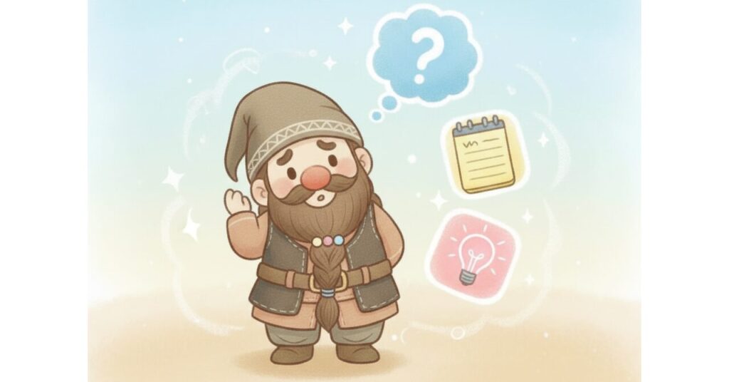 首をかしげたドワーフの周りに、疑問の吹き出し・メモ帳アイコン・電球アイコンが浮かび、リカバリーウェアに関するよくある質問をイメージしたイラスト。