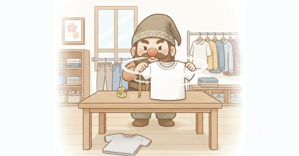 ドワーフがTシャツを広げてゆとりを確認し、ユニクロのいつものサイズを基準に選ぶイメージを表したイラスト