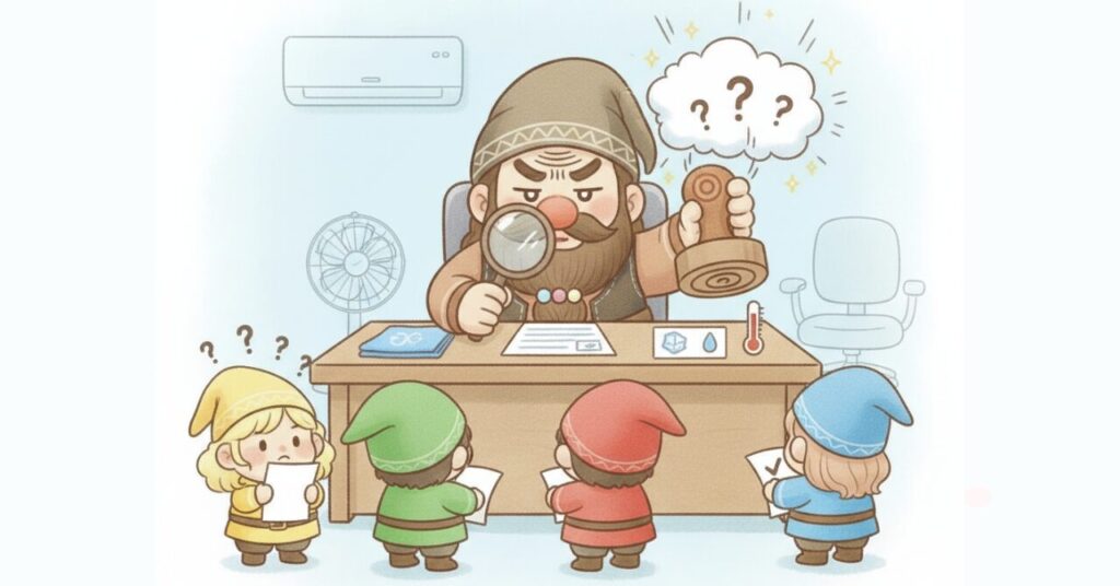 ドワーフが相談窓口で虫眼鏡とハンコを持ち、小人たちの質問を整理して解決しているイラスト