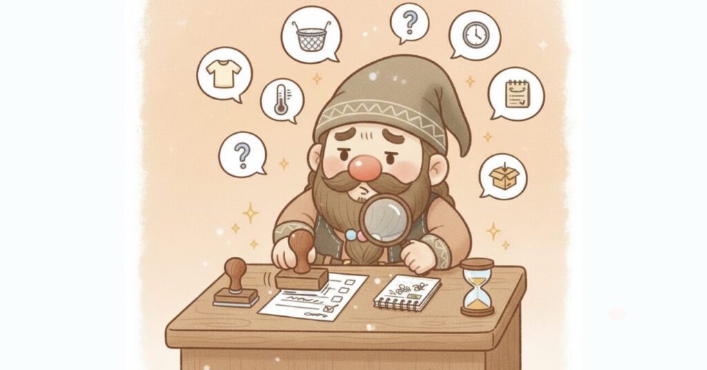 机で虫眼鏡を持ったドワーフがチェック表を確認し、周りに洗濯・サイズ・返品などの疑問アイコンが浮かぶFAQイメージ