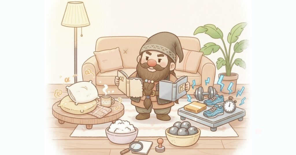 ドワーフが2冊の本を読み比べ、左に枕や温かい飲み物などリラックス向け、右にダンベルやシューズなど運動向けの小道具を置いてαとβの設計の違いを分かりやすく表したイラスト