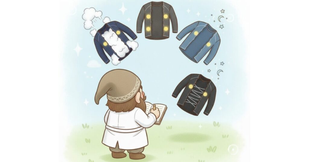 ドワーフが4種類の男性用リカバリーウェアの仕組みをノートに書き留めながら観察し、それぞれの特性を雲・光・月などの演出で表現した比較イラスト