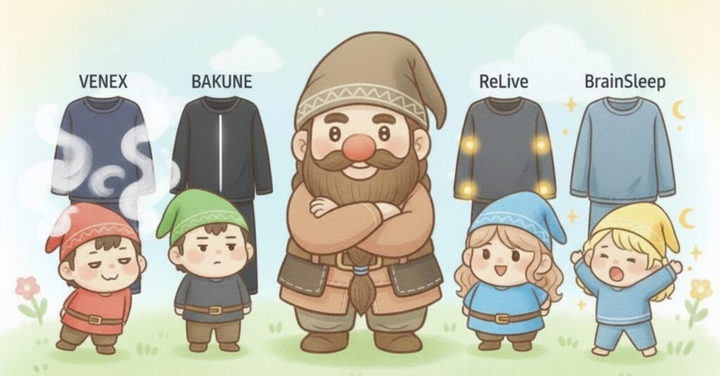 ベネクス・BAKUNE・リライブ・ブレインスリープの4ブランドの特徴を、小人たちがそれぞれの反応で表現しているコミカルな比較イラスト。ドワーフが中央で見守っている構図。