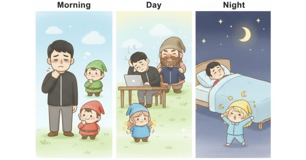 40代男性の朝・昼・夜の生活シーンに合わせて、BAKUNE・ReLive・VENEX・BrainSleepの使いどころを小人たちが案内しているイラスト。朝は肩こり、昼はデスク疲れ、夜は睡眠サポートの様子が描かれている。