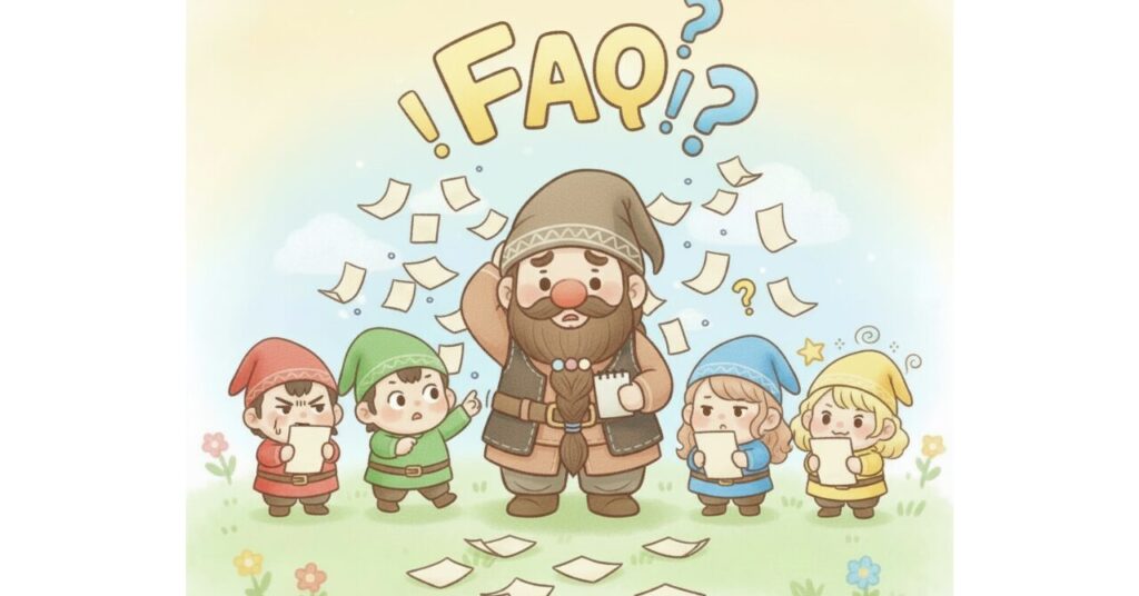 空中に舞う「質問の紙」にドワーフと4人の小人たちが戸惑いながら向き合っているイラスト。赤は真剣、緑は困惑、青は落ち着いて確認、黄色は天然で逆さに紙を持ち、ドワーフは頭をかいている。FAQの混乱と解決の雰囲気をコミカルに表現している。
