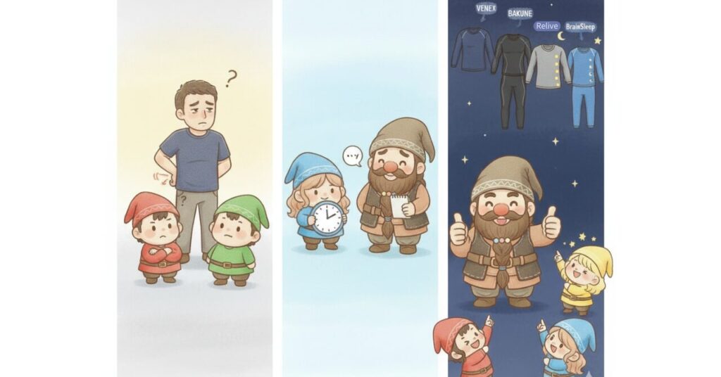 朝に悩む男性と赤・緑の小人、昼に時計を持つ青の小人とドワーフ、夜に星空の下で4つのブランドを選んで喜ぶ小人たちが、リカバリーウェアを“悩み→時間帯→ブランド”の順で選ぶ流れを示すイラスト。