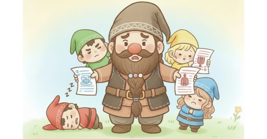 ドワーフが中央で悩みながら複数のチェックリストを持ち、小人たちがそれぞれ寝不足・肩こりなど違う疲れのタイプを象徴する紙を覗き込んでいる様子を描いたイラスト。40代の疲れ方を分類するチェックリストを表現した画像。