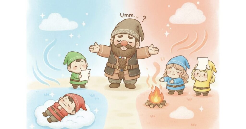 ベネクスとバクネの違いを説明しようとして困るドワーフと、小人たちがそれぞれ雰囲気の違う環境にいるイラスト。左は雲の上でリラックス、右は焚き火で温まる小人が描かれ、両ブランドの特徴をコミカルに表現している。