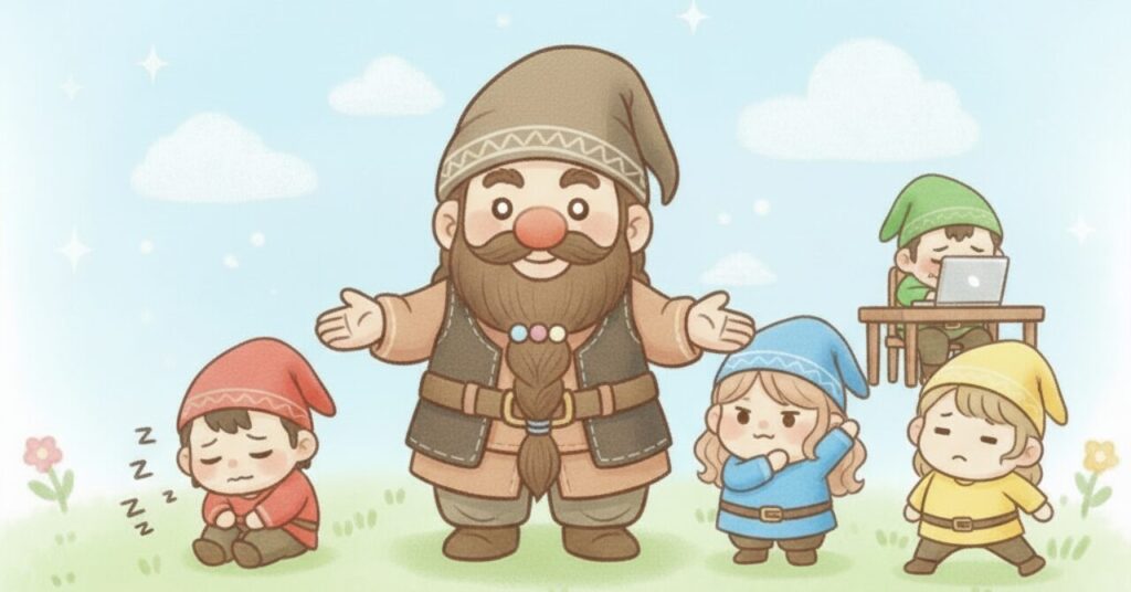 ベネクスが合いやすい人の特徴をコミカルに描いたイラスト。中央のドワーフが4人の小人を見守り、赤い小人は疲れて眠そう、青い小人は肩こりで悩み、緑の小人は猫背で作業し、黄色い小人はストレッチがうまくできず困っている姿が描かれている。リラックス効果が必要な人のイメージを表現した画像。