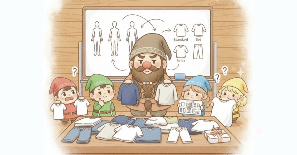 ベネクスをプレゼントに選ぶ際、サイズとシリーズの種類が多くて迷いやすい様子を表現したイラスト。ドワーフが複数のベネクスウェアを持って悩み、小人たちが体型シルエットやシリーズ比較表を見ながら困っている。テーブルの上にはさまざまなサイズや種類の服が並び、ギフト選びの難しさを表現している。