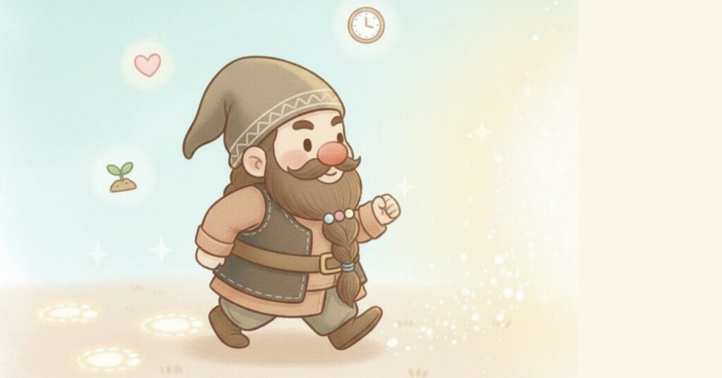 前向きに歩き出すドワーフの周りに、小さな芽・ハート・時計などのアイコンが浮かび、リカバリーウェアの効果をゆっくり感じていく様子や“焦らず続ける大切さ”を表現したイラスト。