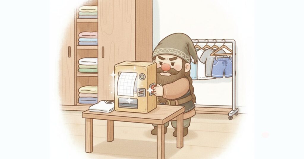 ドワーフがサイズ判定マシーンを操作し、ユニクロ基準でおすすめサイズを一発で出す早見表のイメージを表したイラスト