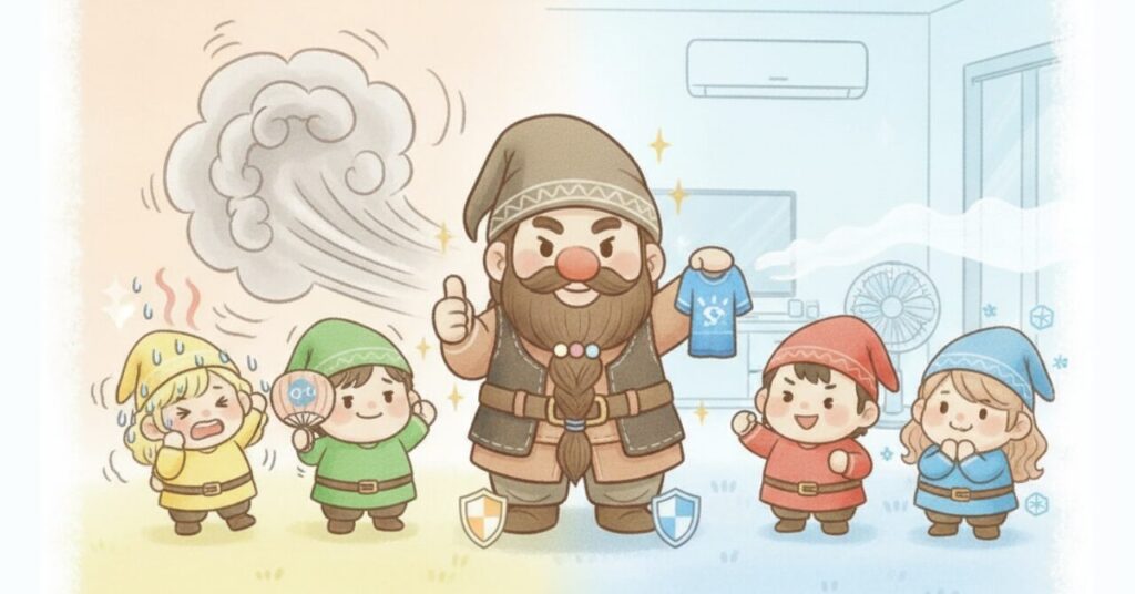 汗だくで困る小人たちの前で、ドワーフが冷感ウェアを掲げて“汗の不快”を追い払うまとめ用イラスト