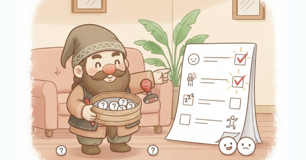 ドワーフがザルに入った「?」を持ちながらチェックシートを指さし、合う人チェックで先にふるい分ける様子のイラスト