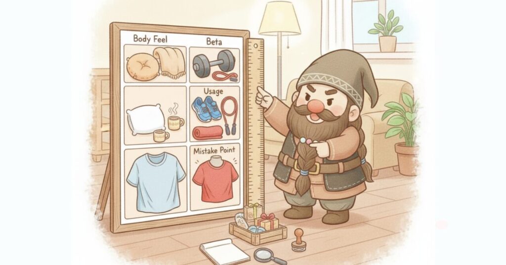 ドワーフが比較表ボードを指し、αとβの違いを着心地の体感、使うシーン、選び方の失敗ポイントで整理して見せるイラスト