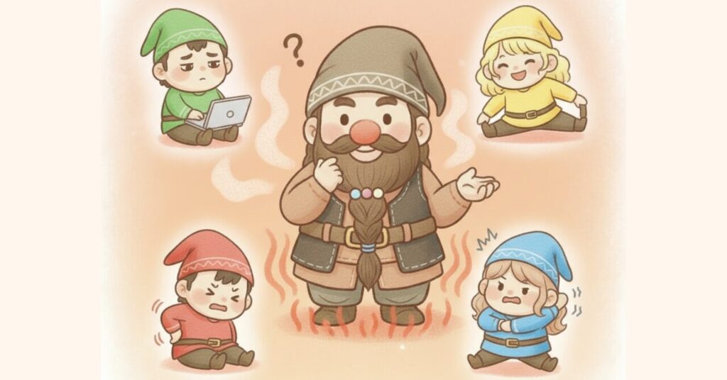 バクネが合いやすい人の特徴を小人たちで表現したイラスト。中央のドワーフが考え込む中、赤い小人は腰を押さえて痛がり、青い小人は肩が動かず困り顔、緑の小人はパソコン姿勢で猫背、黄色い小人は元気にストレッチしている。体が固まりやすいタイプをコミカルに描いた構図。