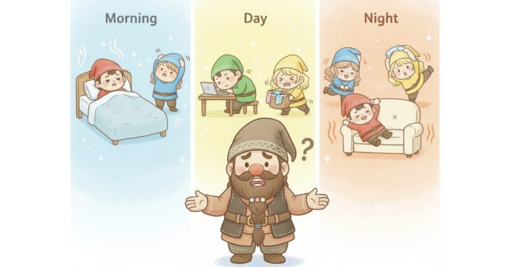 40代の生活パターンに合わせたリカバリーウェアの着用タイミングを表現したイラスト。左は朝のだるそうな小人たち、中央は昼に仕事や家事で疲れる小人たち、右は夜にリラックスしたりストレッチする小人たちが描かれ、中央でドワーフが「どの時間がいい？」と悩んでいる構図。