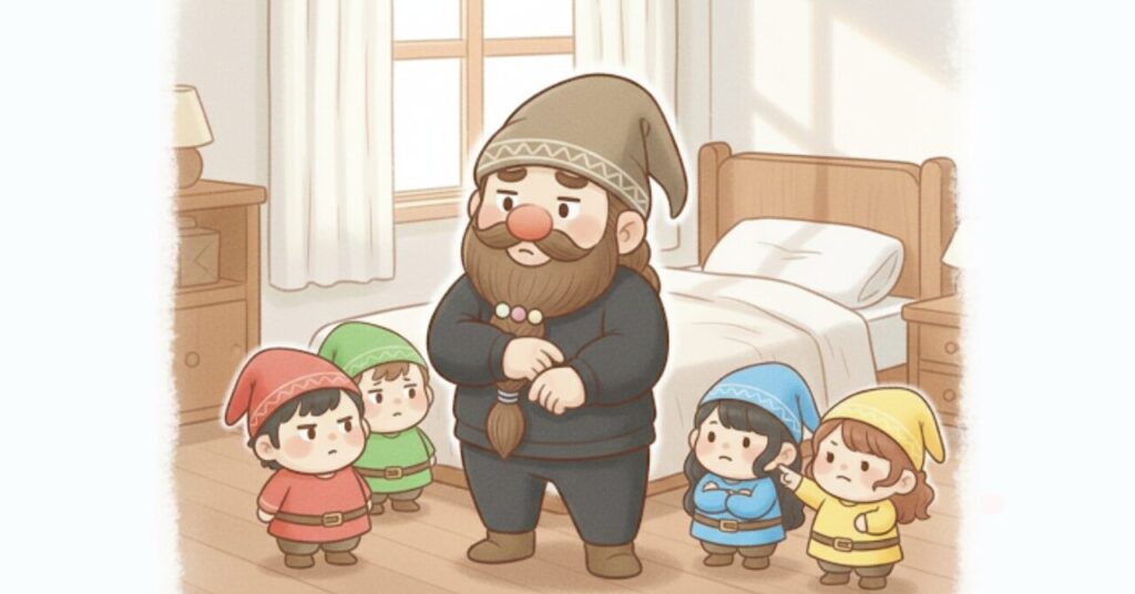 朝の光が入る寝室で黒いリライブインナーβを着たドワーフが腕を組んで悩み、小人たちに囲まれながら自分に合うかどうか考えている向き不向き判断シーンのイメージ画像