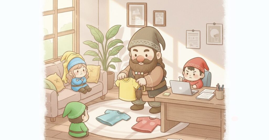 リライブインナーとリライブインナーβを前に、ドワーフが服を手に持ち、小人たちと一緒に選び方で悩んでいる室内シーンのイラスト