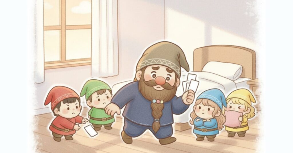 朝の寝室で4つのカードを持って迷うドワーフと、小人たちが見守るリカバリーウェア選びのイメージ画像