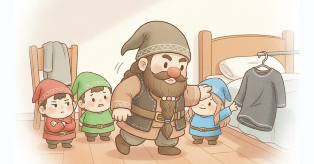 リライブシャツαとβを前に、ドワーフが小人たちに囲まれながら選ぼうと歩み寄る様子を描いたイラスト。椅子とベッドにそれぞれ別のシャツが掛けられ、比較を象徴する場面。