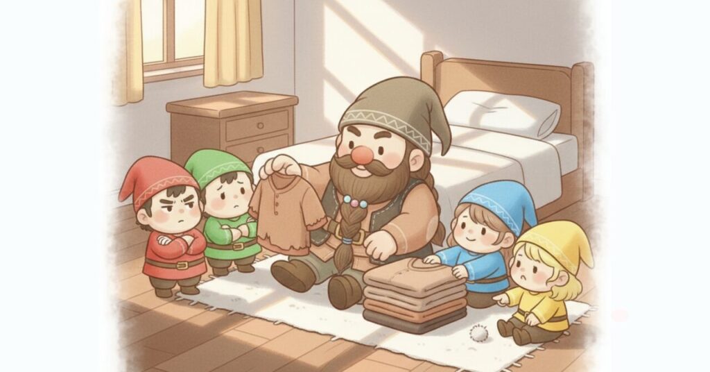 リカバリーウェアの寿命が1〜2年であることを、服を見比べて考えるドワーフと小人たちで表現したイラスト