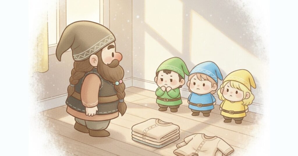 リカバリーウェアの寿命や買い替えの考え方を整理し、ドワーフが振り返りながら小人たちと確認している様子を描いたイラスト