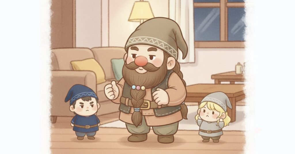 夜のリビングで立ち止まって判断するドワーフと小人たちを描いた、ベネクスのリカバリーデイズが自分に合うかを見極めるためのイメージ画像。リカバリーウェアの特徴と向き不向きを直感的に表現している