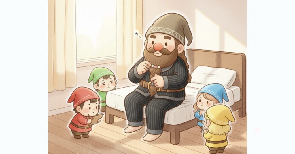 ベネクスのニットサッカー素材リカバリーパジャマを着たドワーフが朝の寝室で考え込みながらひげを触り、小人たちに囲まれて着心地や体調を確認している様子を描いた記事用アイキャッチ画像