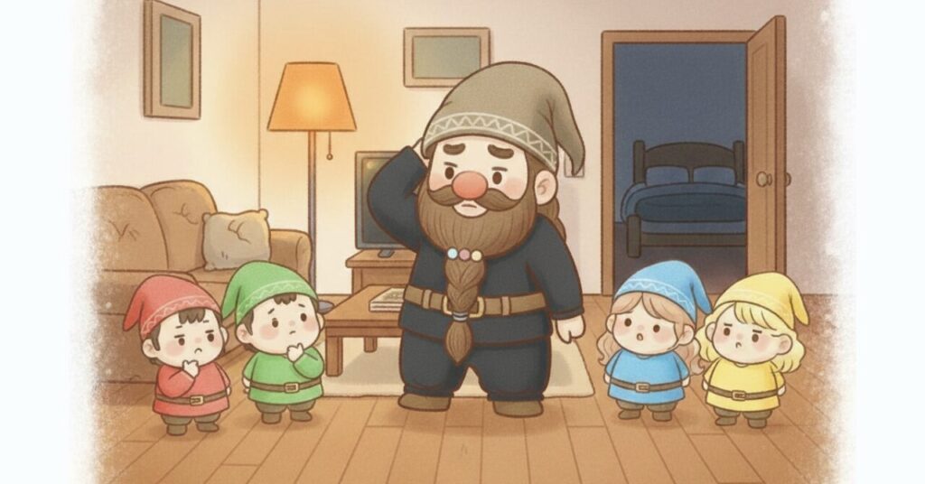 黒い長袖リカバリージャージを着たドワーフが夜のリビングで頭をかきながら迷っている様子と、周囲で見守る4人の小人たち。ベネクスのリカバリージャージの向き不向きを考える場面