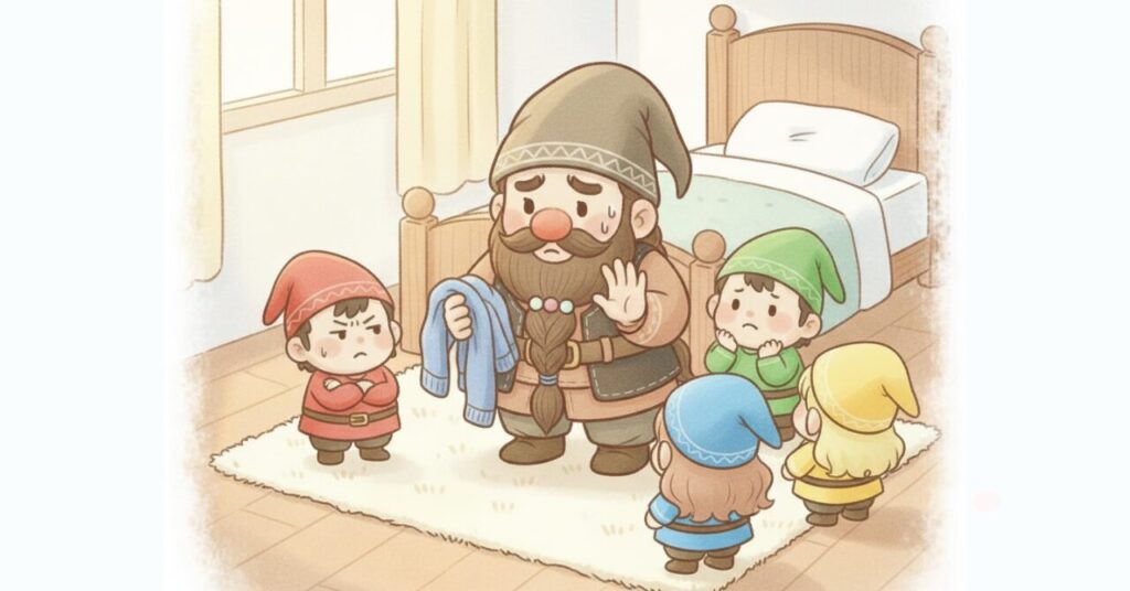 リカバリーウェアの寿命について不安を感じ、ドワーフが小人たちの質問に向き合っている様子を描いたイラスト