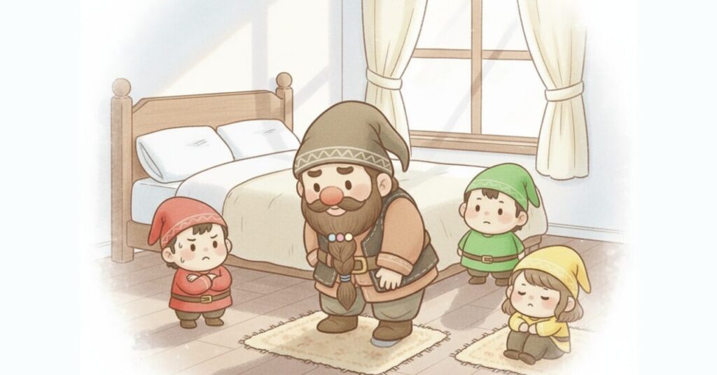 冬の寝室で床の冷たさを確かめながら立つドワーフと、周囲で寒さの感じ方が違う小人たち。ベネクスのコンフォートヒートが向いている人を判断するリカバリーウェアのイメージ