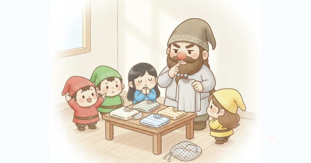 ベネクスのおうちインナーを手に取りながら考え込むドワーフと、テーブルを囲んで見守る小人たちのイラスト。特徴や効果をインナー目線で整理し、安心できる理由を解説する記事用画像